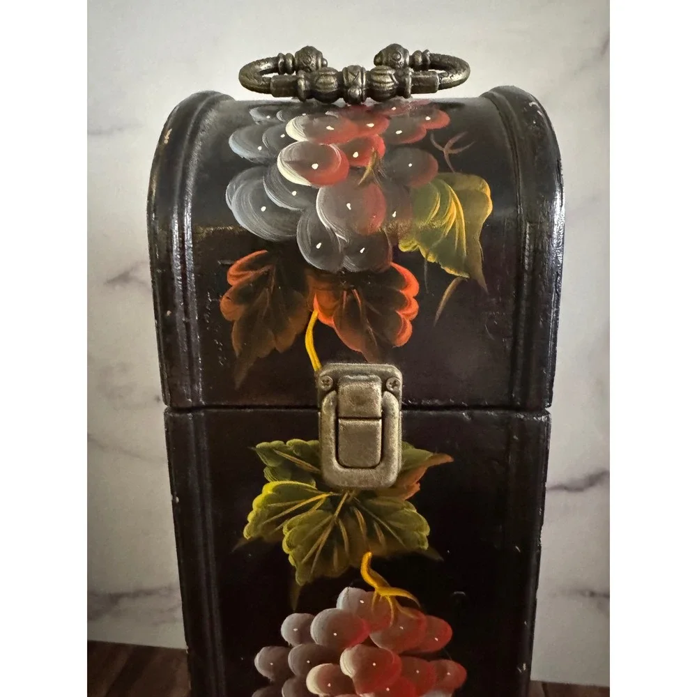 Z Gallerie Sorrento Hand Painted Grape Wine Box Black Wood Single Bottle Carrier